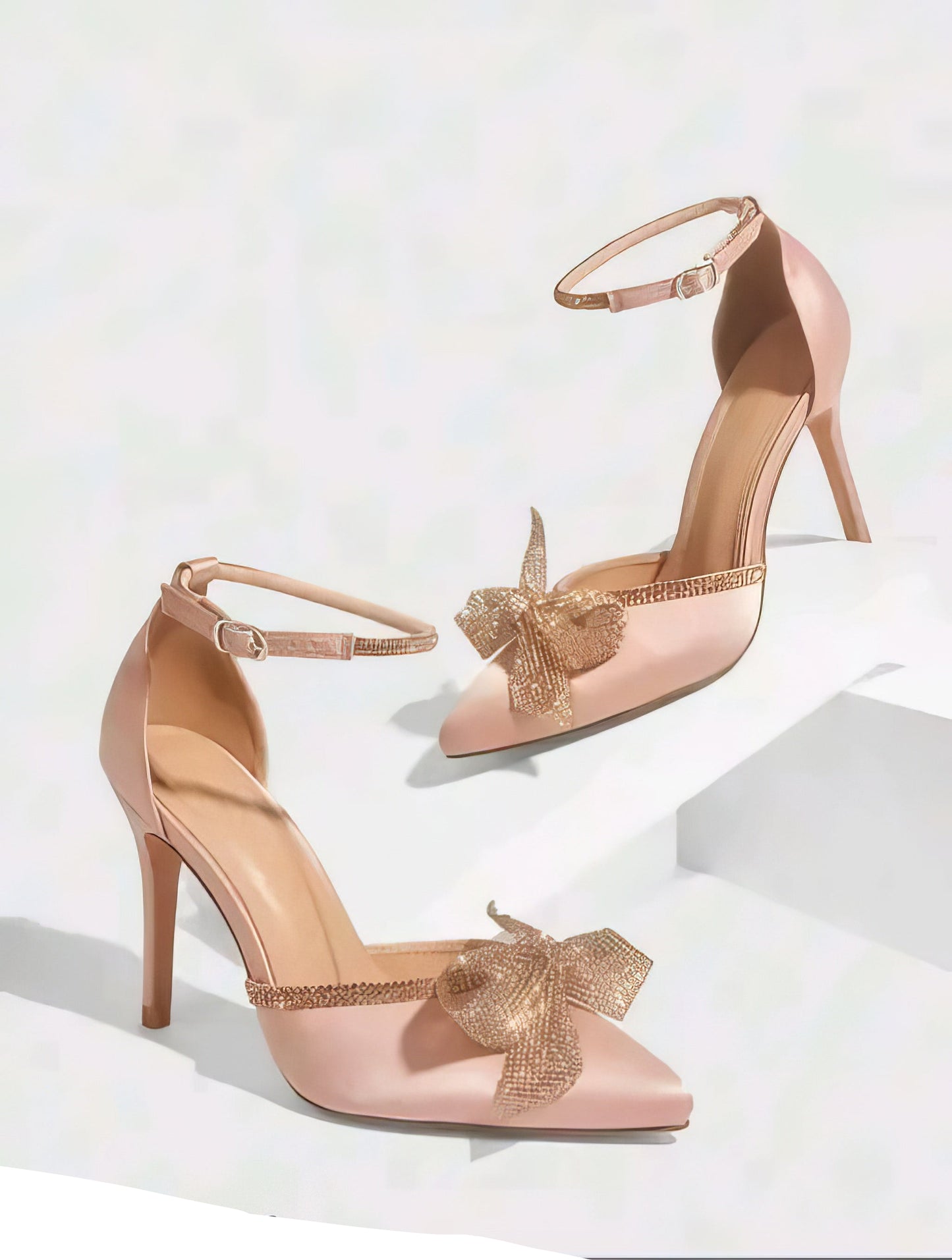 Nude satin heels with rhinestone bow for weddings - Aleeze by Aliza