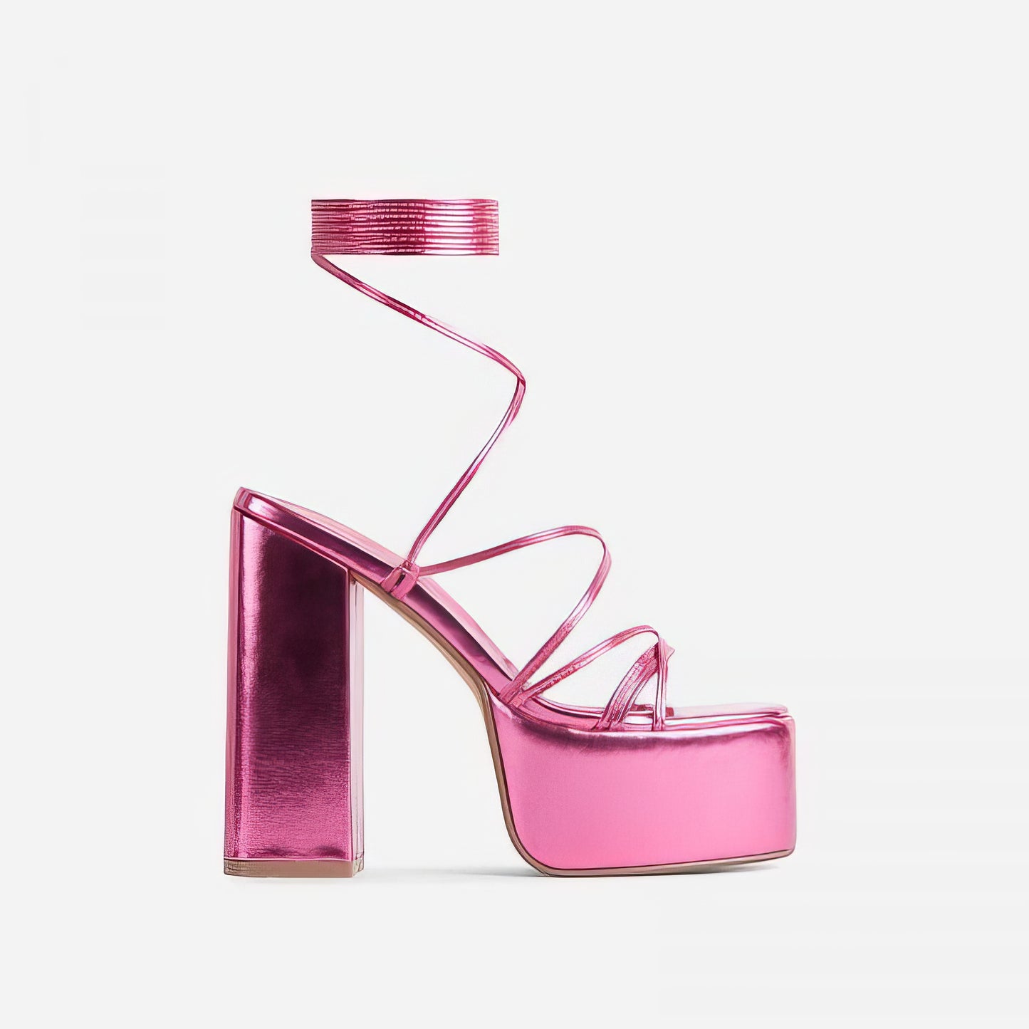 Pink lace-up chunky sandal heels for weddings