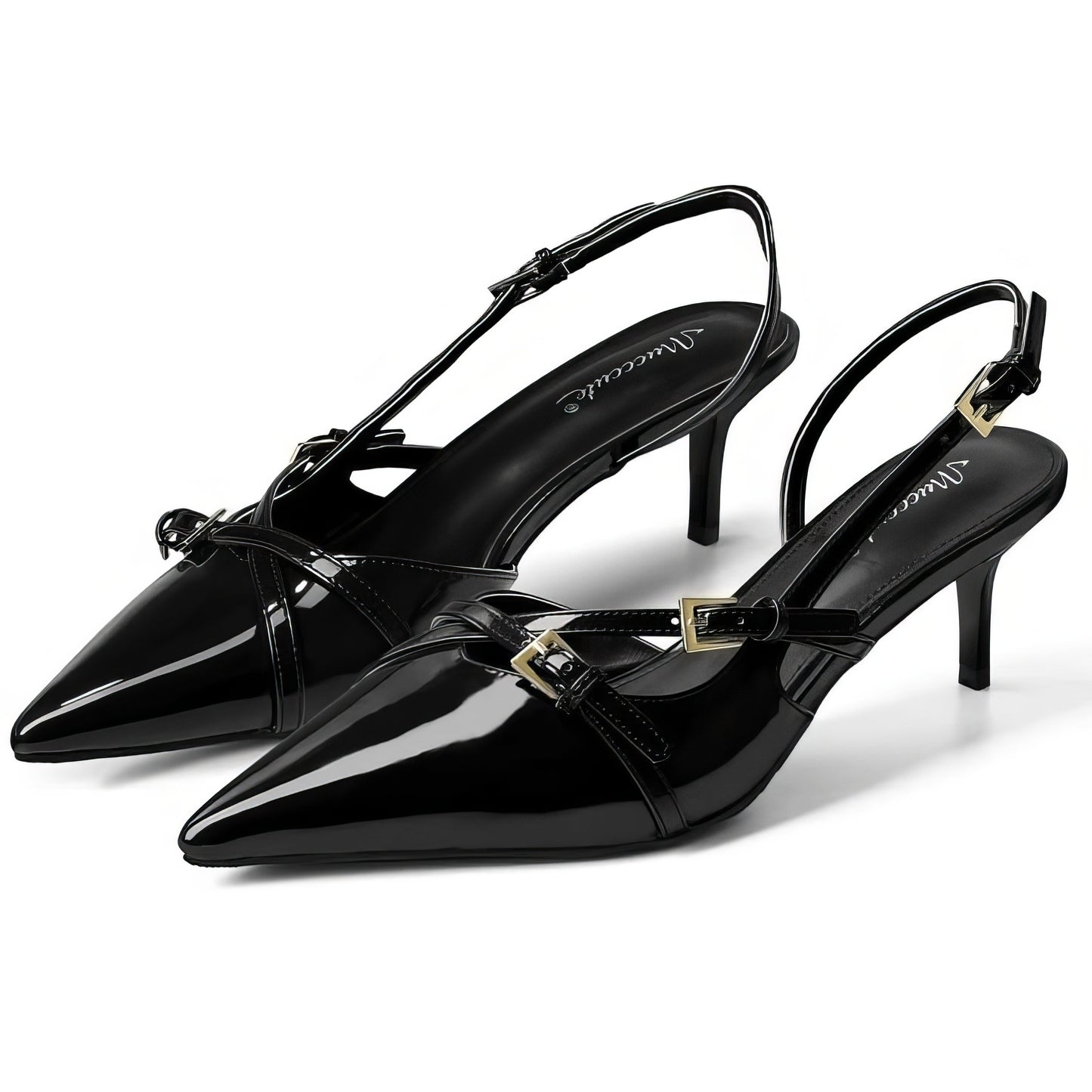 Black slim heel pumps with ankle buckles