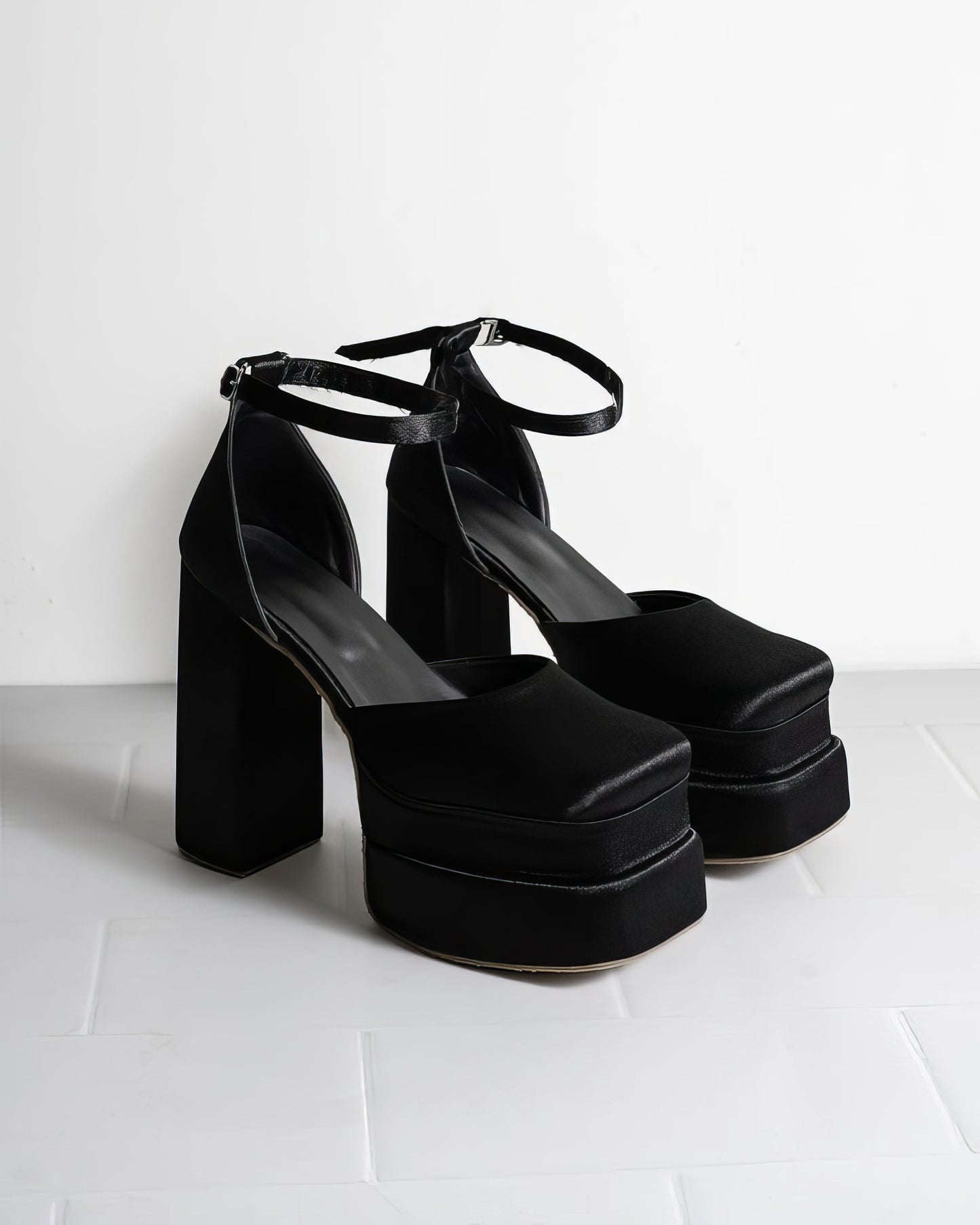 Black chunky block heels with rhinestone belt