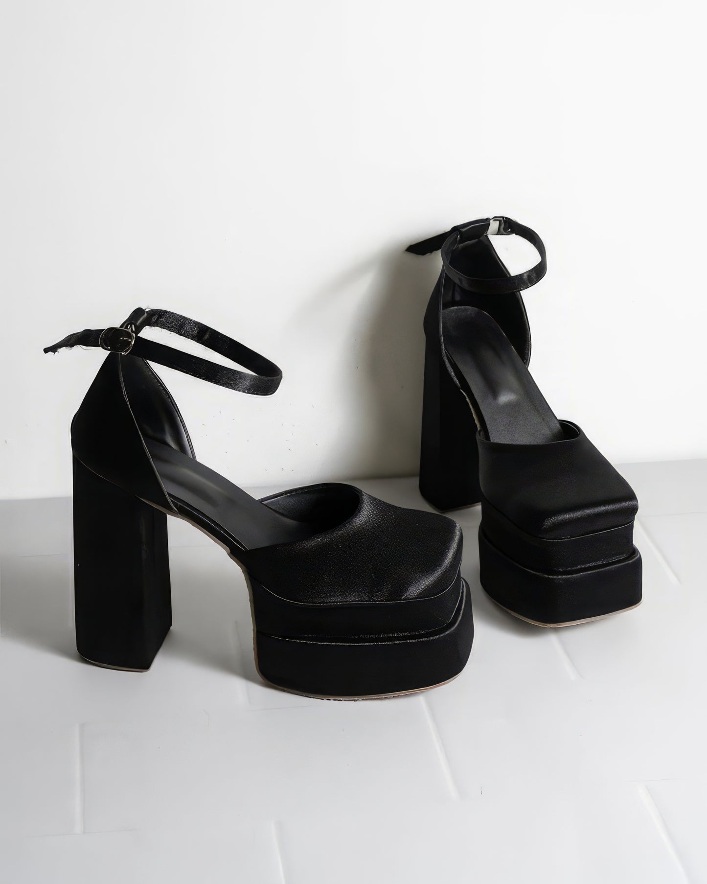Black chunky block heel with rhinestone belt - Aleeze by Aliza