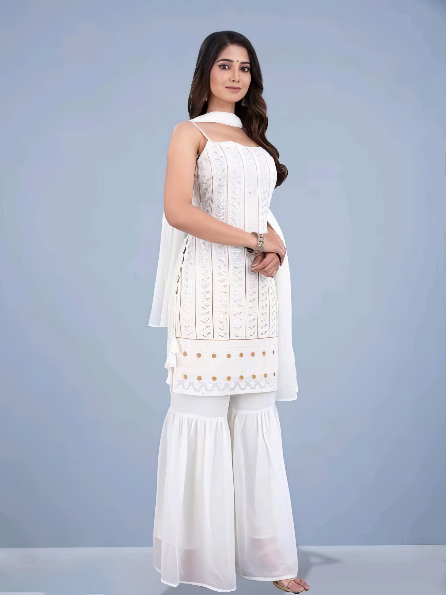 White Colored Emborided Sharara Set