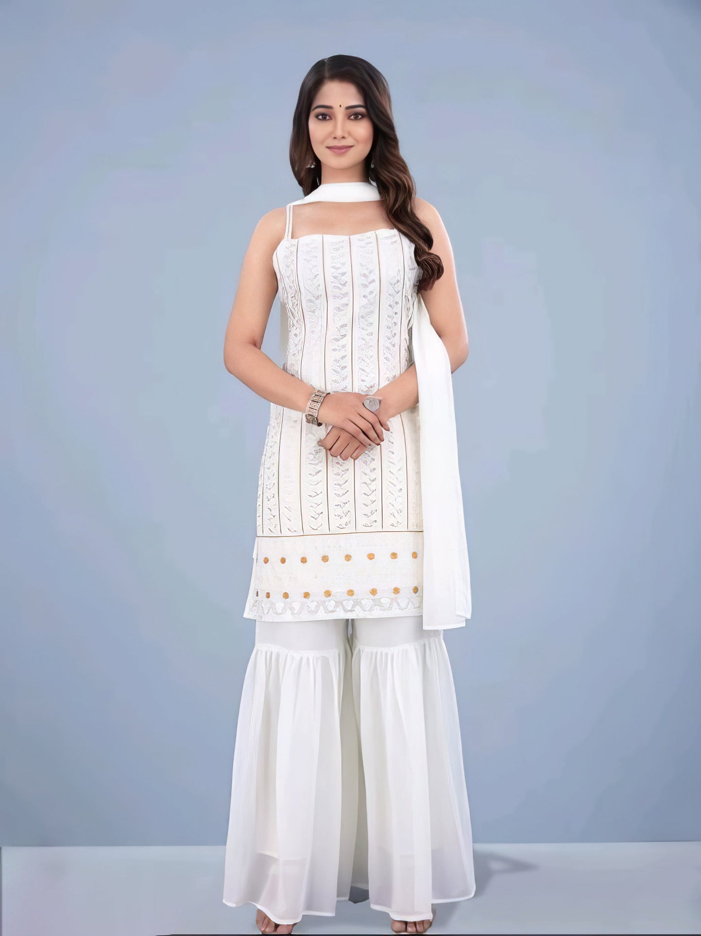 White Colored Emborided Sharara Set
