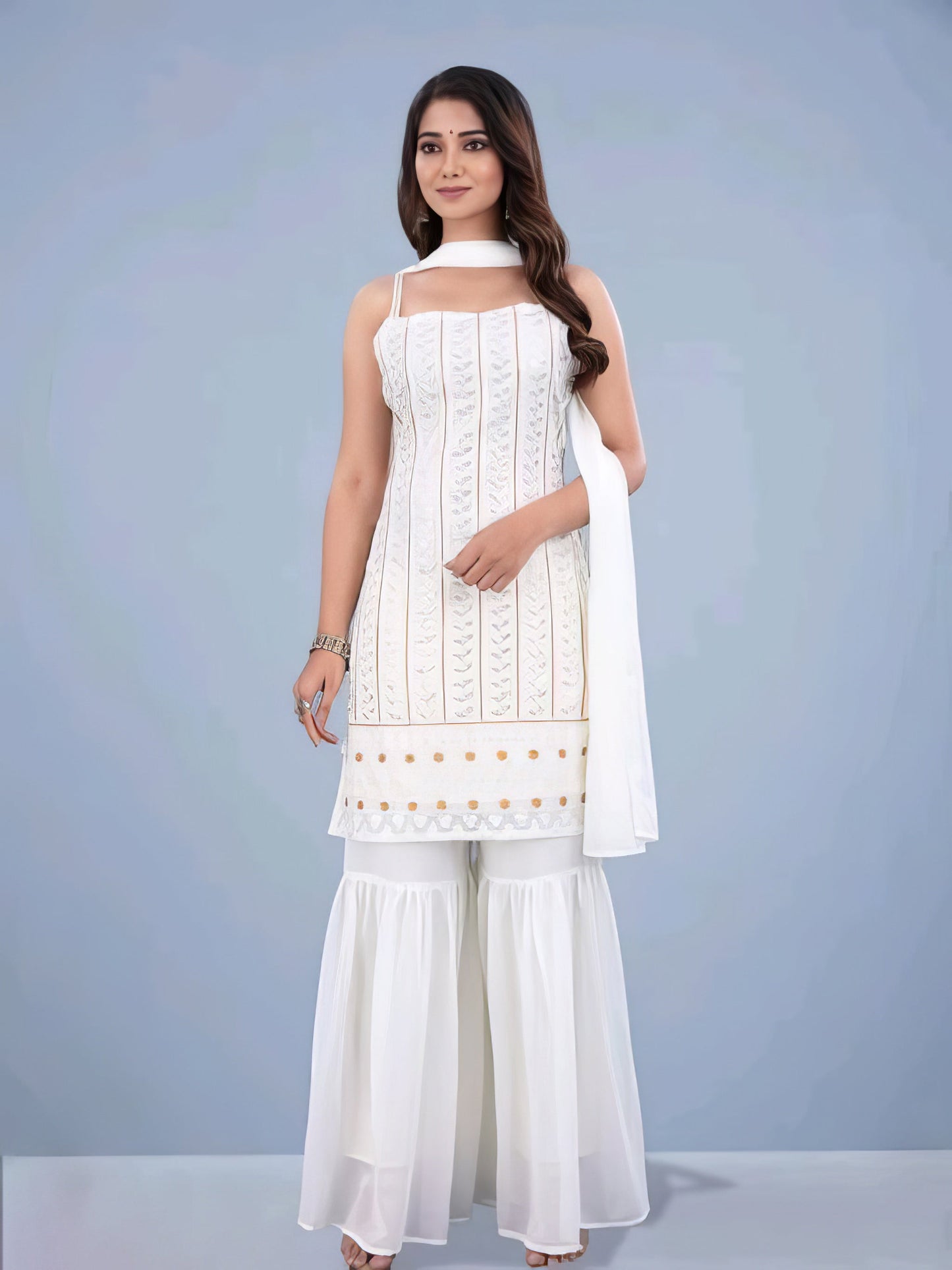 White Colored Emborided Sharara Set