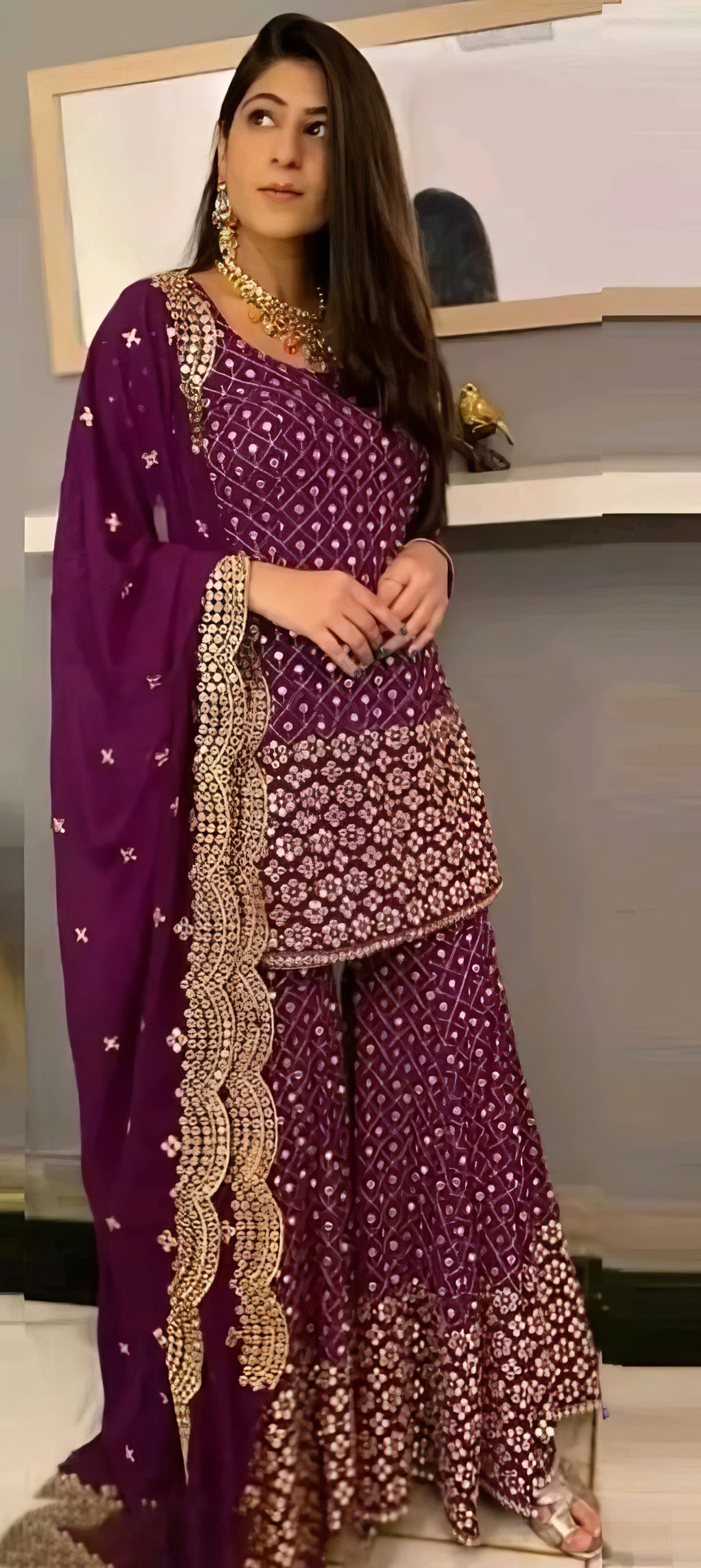 Georgette Heavy Embroidered Kurta Palazzo Set
