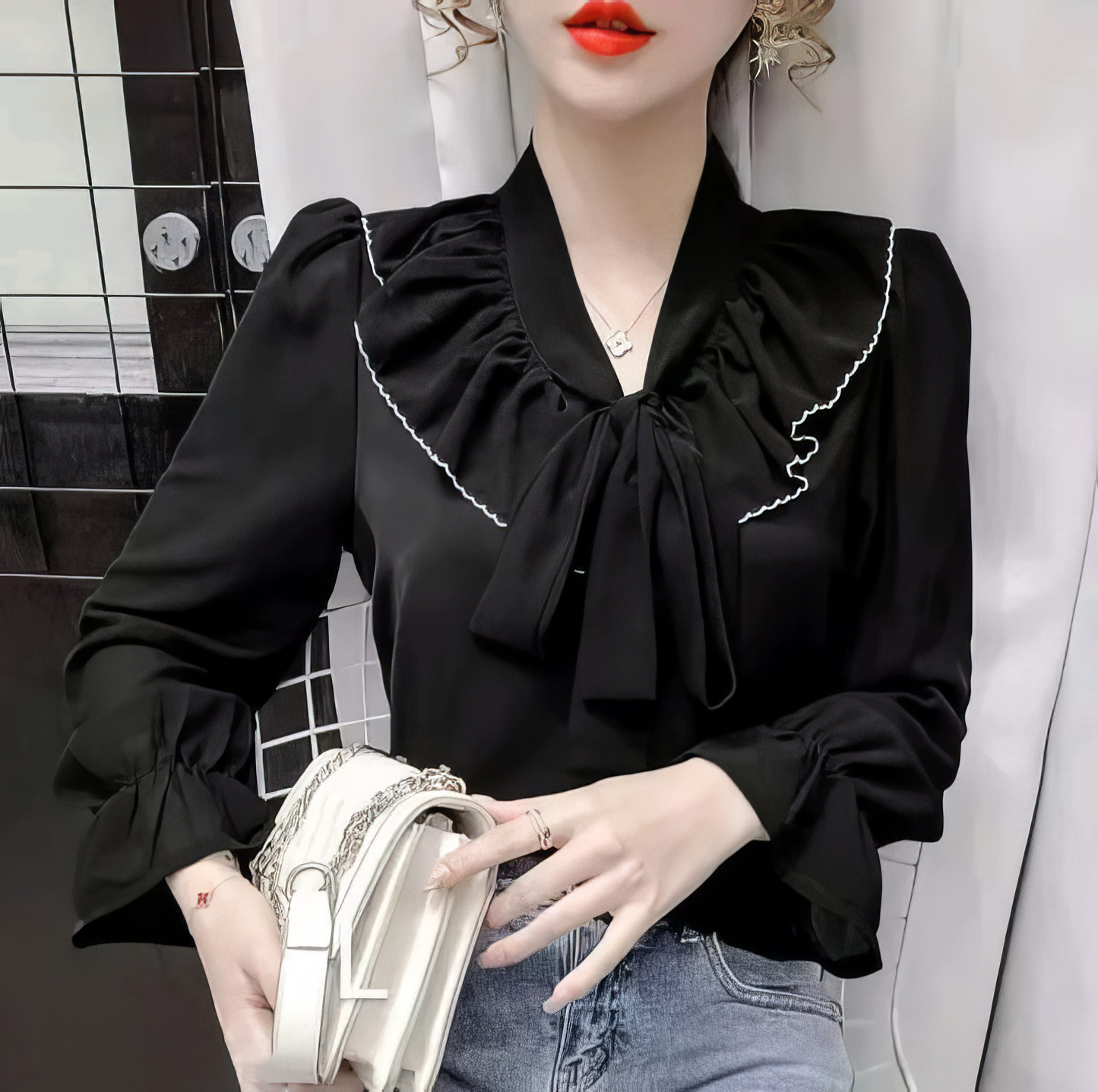 Bow Tie V Neck Ruffle Top