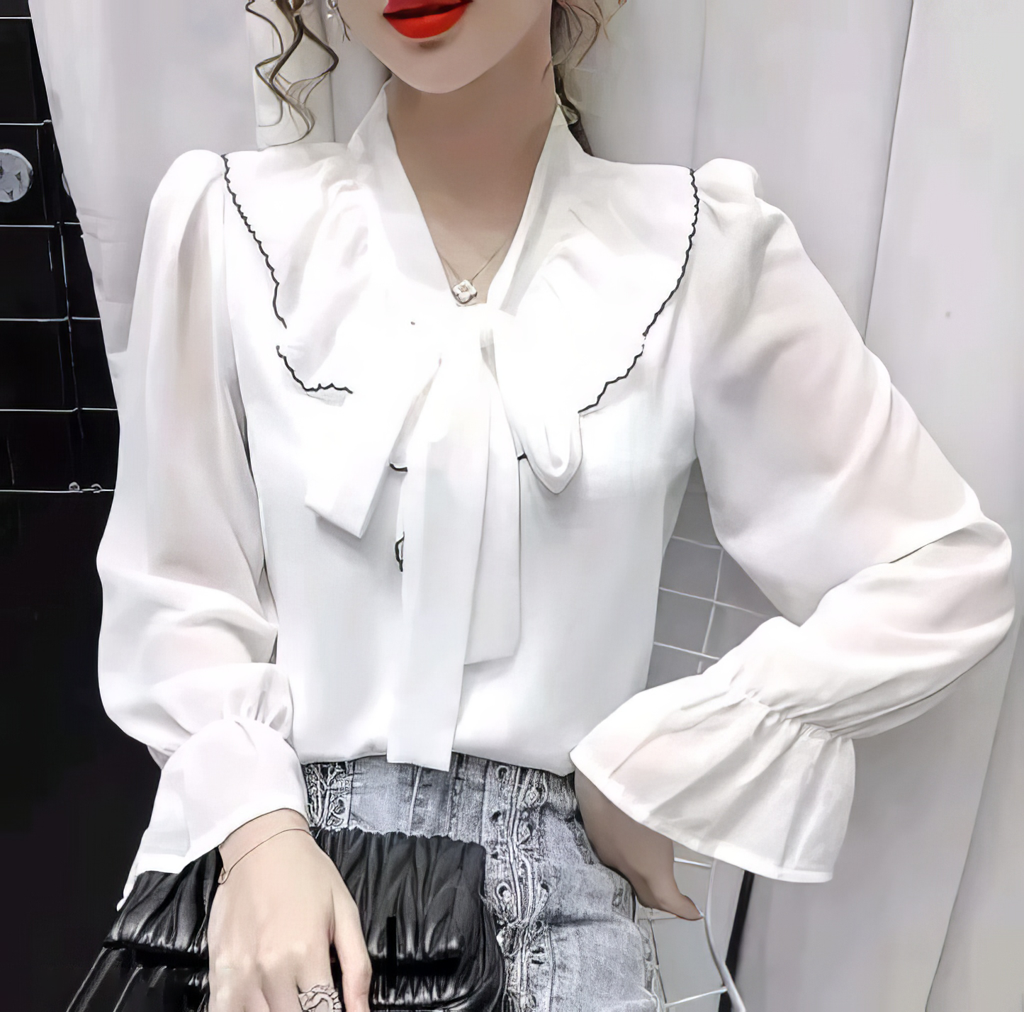 Bow Tie V Neck Ruffle Top