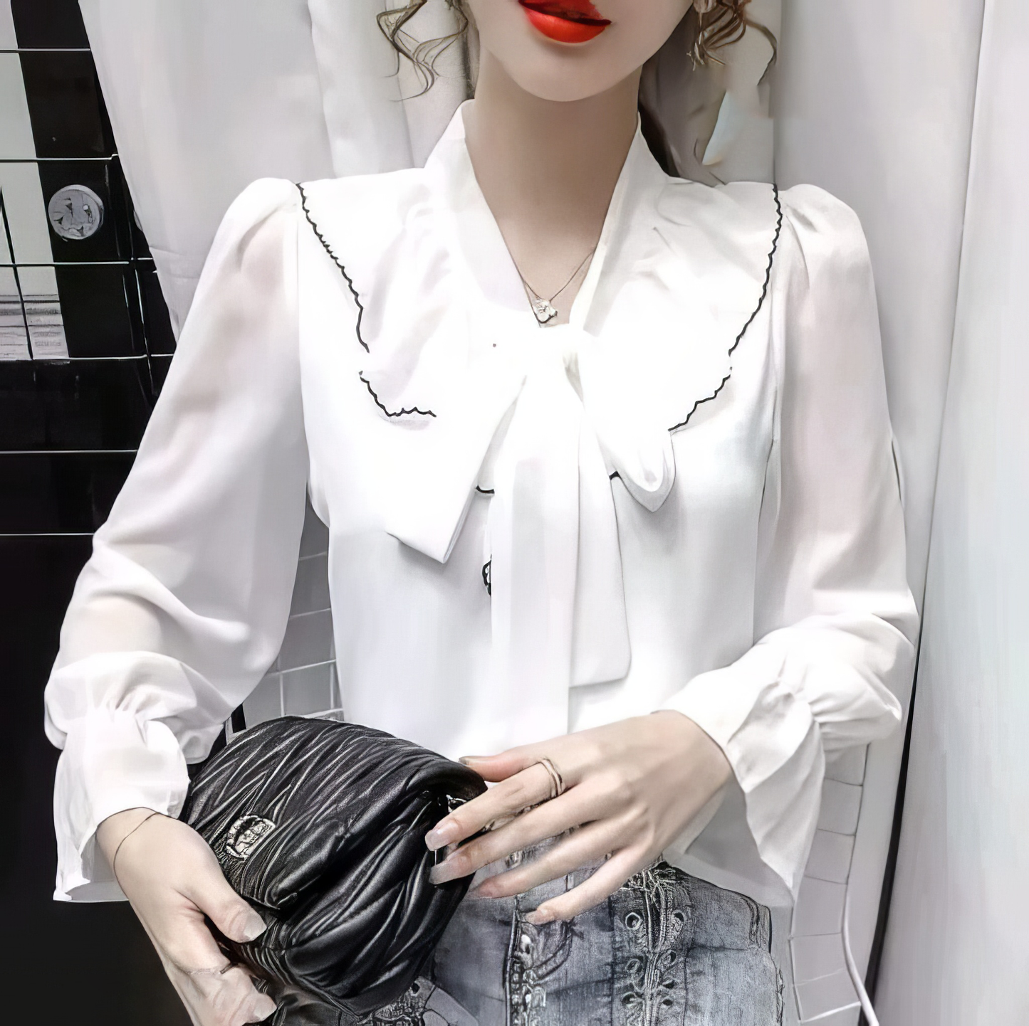 Bow Tie V Neck Ruffle Top