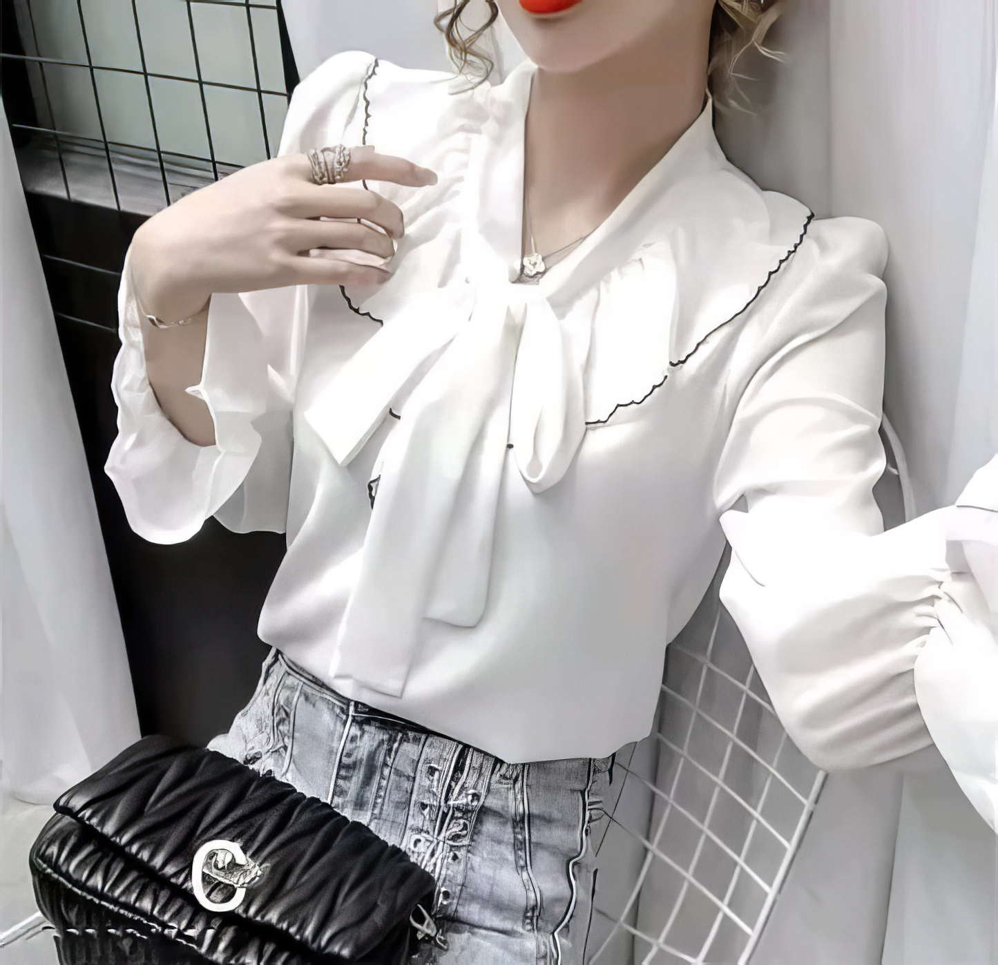 Bow Tie V Neck Ruffle Top