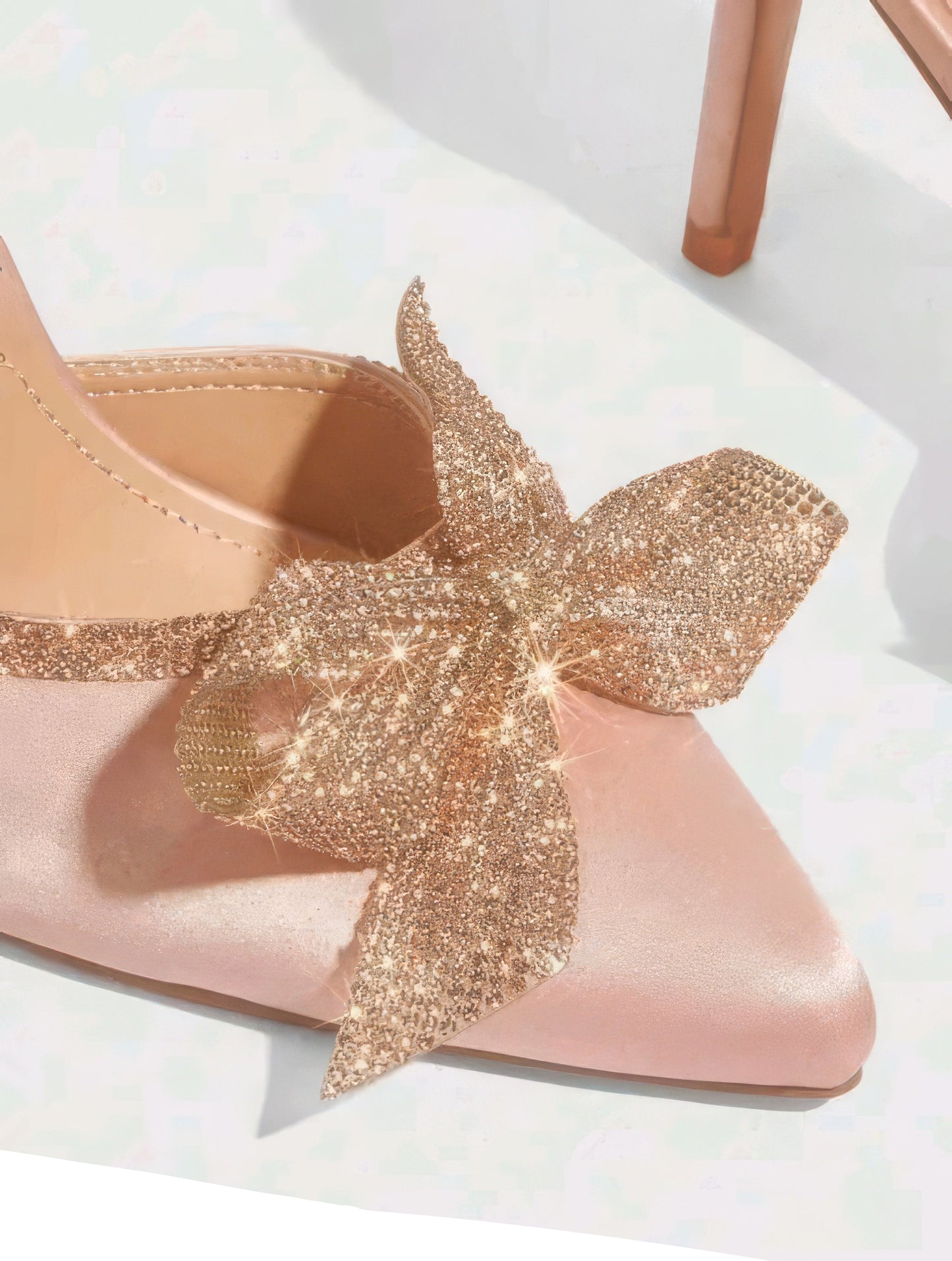 Nude satin heels with rhinestone bow for weddings - Aleeze by Aliza
