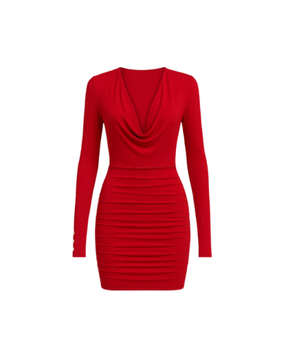 Red Full Sleeves Mid Length Short Dress