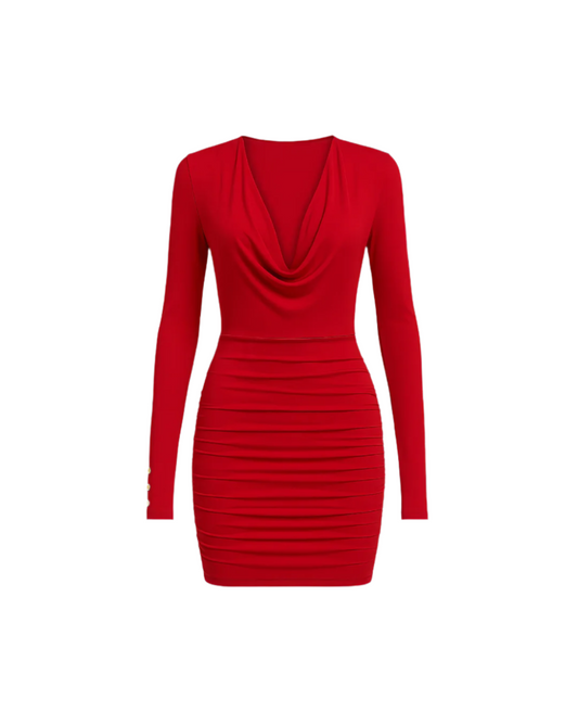 Red Full Sleeves Mid Length Short Dress