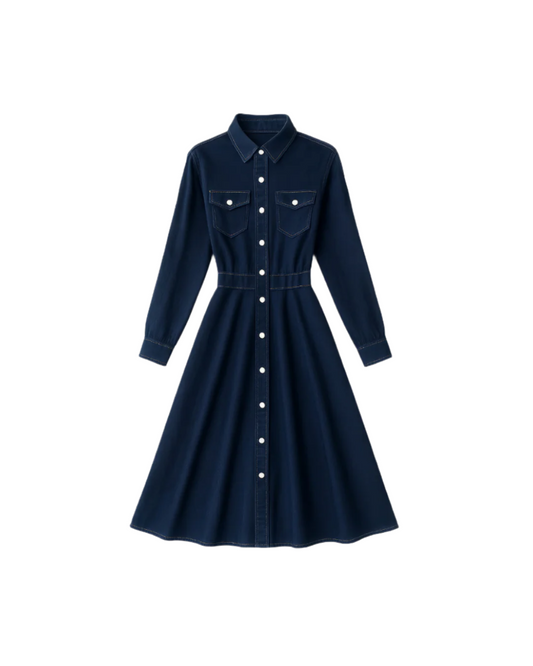 Long Belt Dark Blue Denim Dress