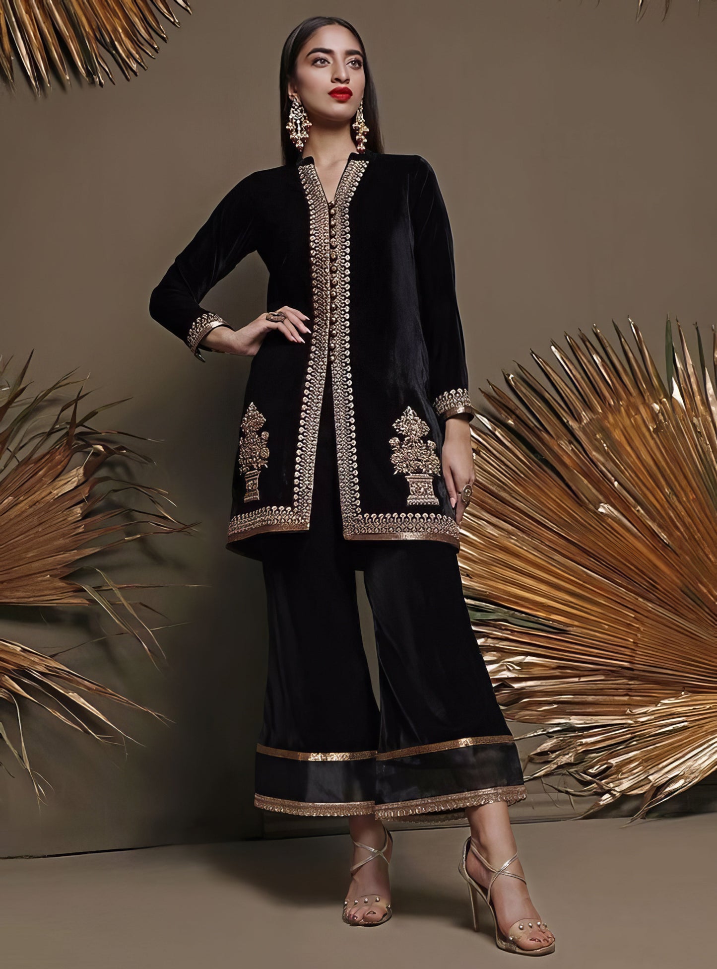 Black Velvet Party Wear Kurta Trouser Set