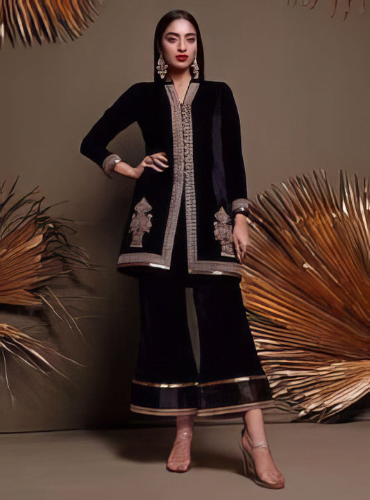 Black Velvet Party Wear Kurta Trouser Set