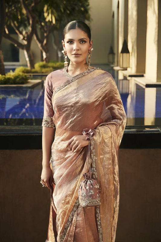 Old Rose Wrinkled Tissue Saree