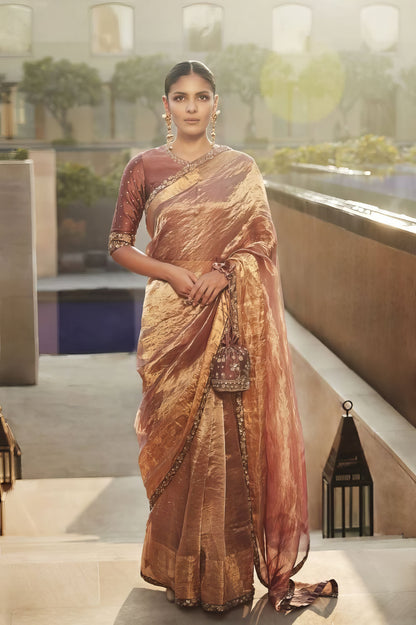 Old Rose Wrinkled Tissue Saree