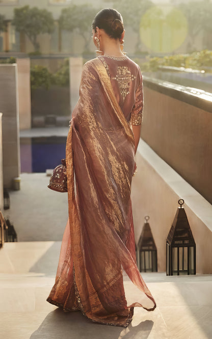 Old Rose Wrinkled Tissue Saree