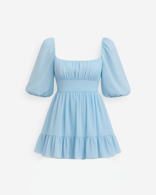Ruffle mini dress with puffed sleeve for Summers