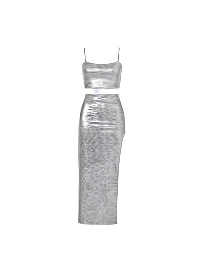 Silver Crop Top And Thigh Slit Skirt