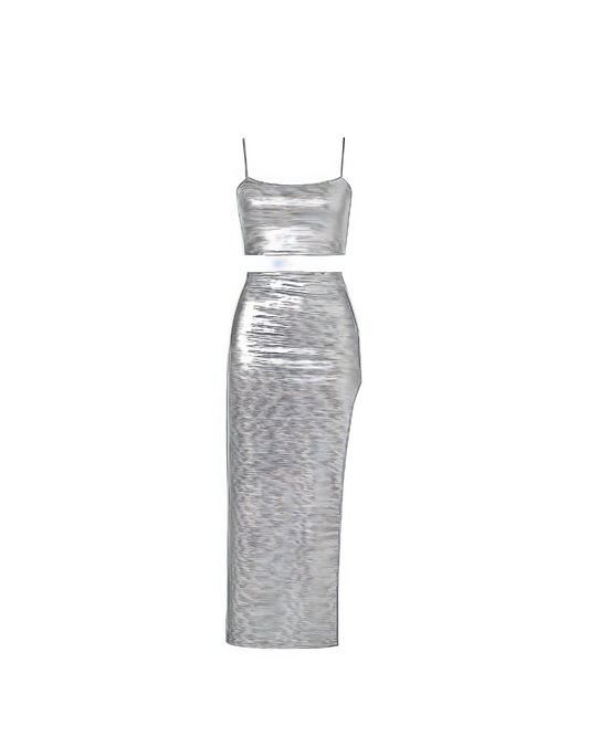 Silver Crop Top And Thigh Slit Skirt