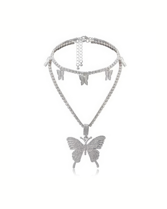 Double Layered Silver Butterfly Necklace