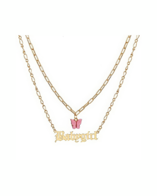 Double Layered Pink Butterfly Necklace For Girls