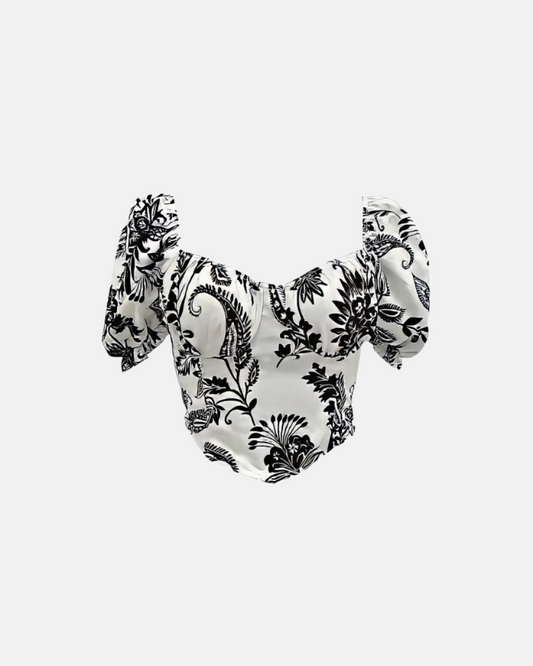 Flower Print Puff Sleeve Corset Top