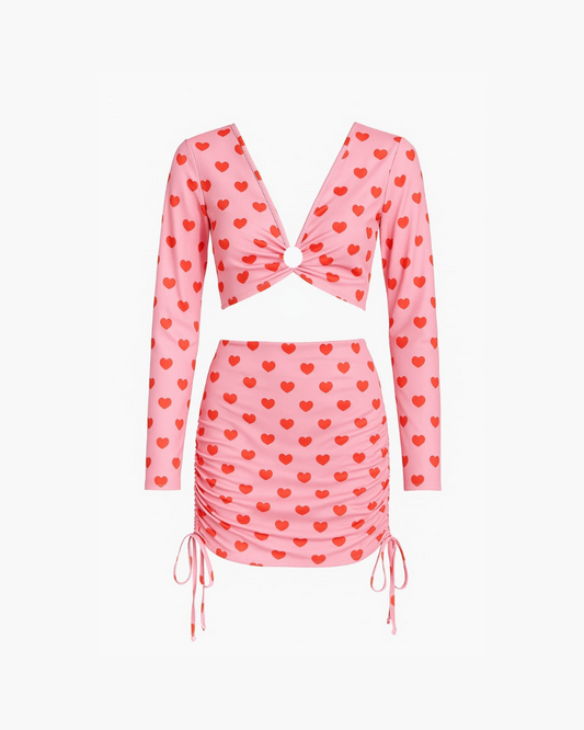 Full Sleeved Pink Crop Top And Skirt