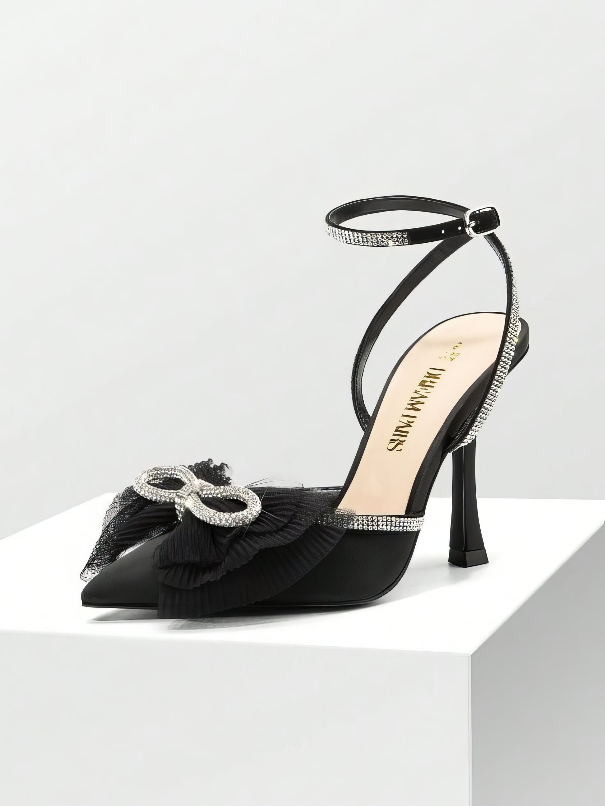 Black rhinestone bow heels for weddings - Aleeze by Aliza