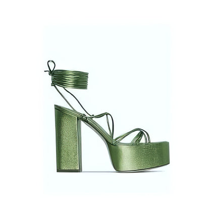 Green lace-up chunky sandal heels for weddings