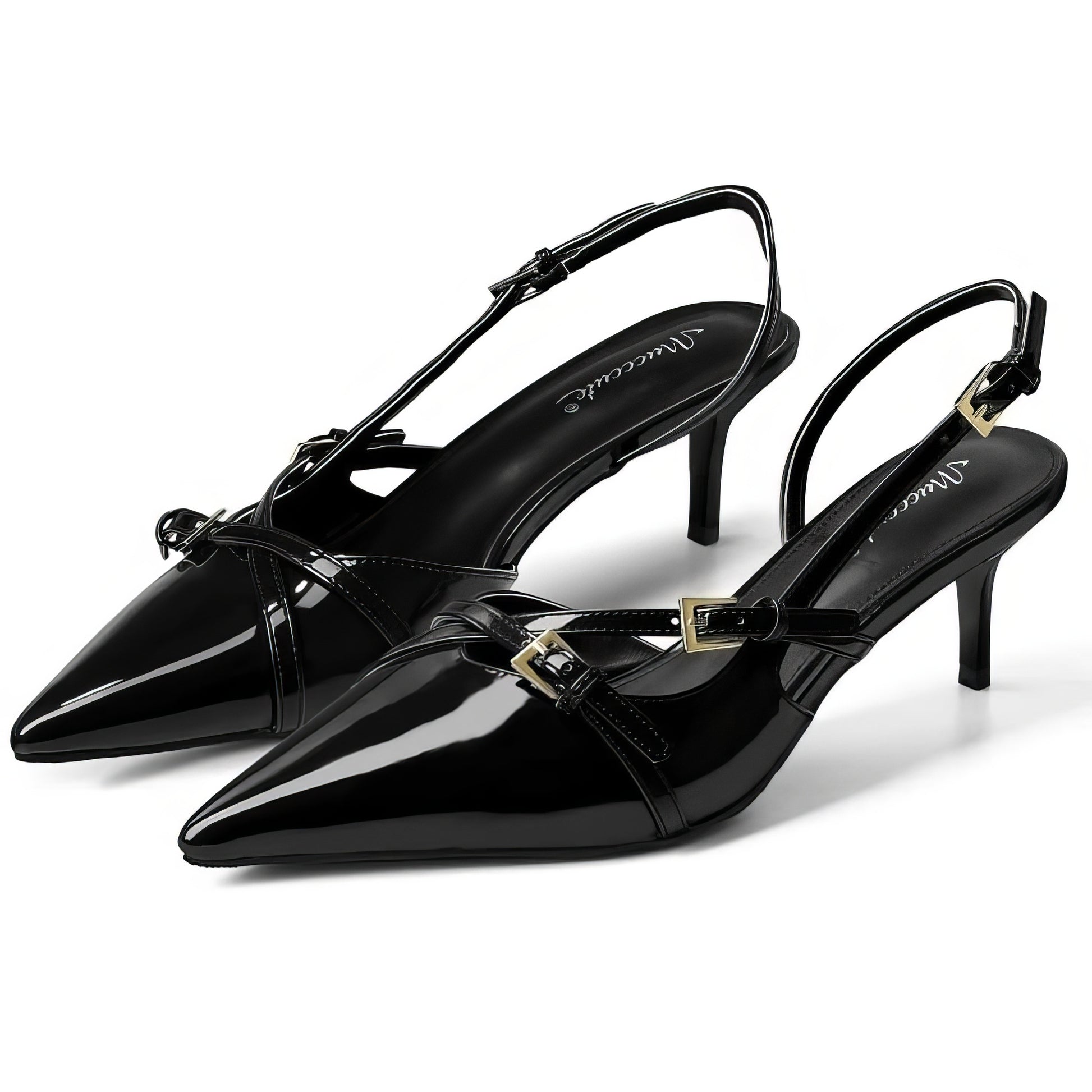 Black slim heel pumps with ankle buckles 