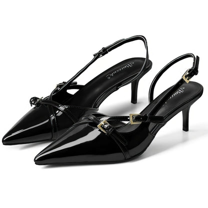 Black slim heel pumps with ankle buckles 