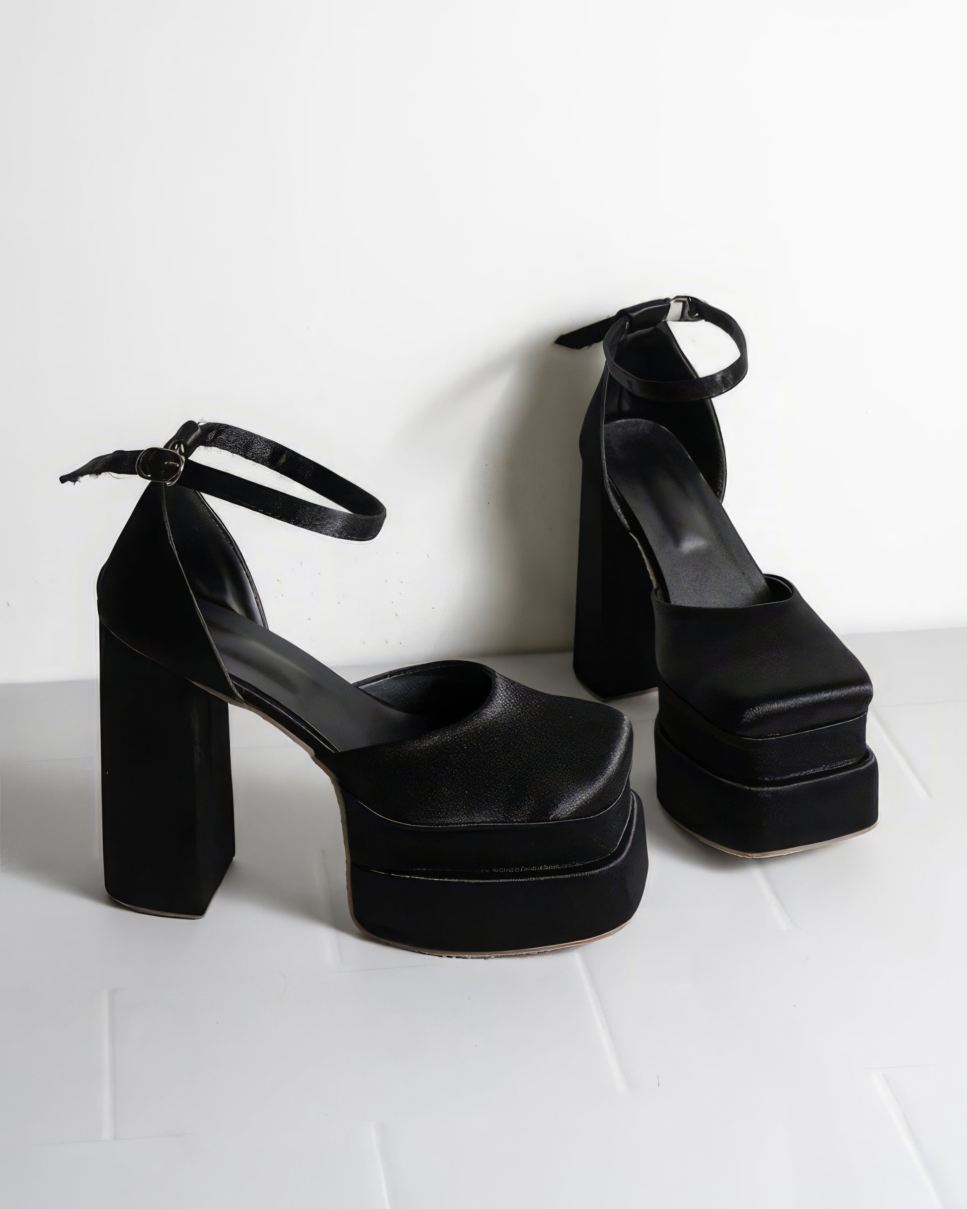 Black chunky block heel with rhinestone belt - Aleeze by Aliza