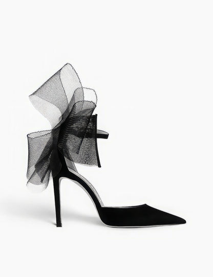 Black asymmetrical mesh heels with bow - Aleeze by Aliza

