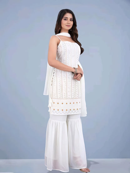 White Colored Emborided Sharara Set