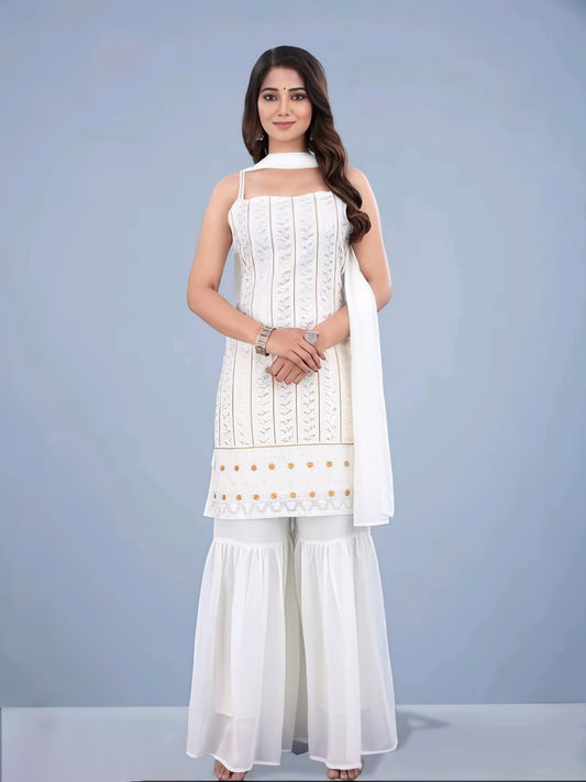 White Colored Emborided Sharara Set