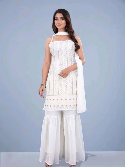 White Colored Emborided Sharara Set