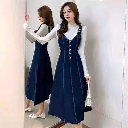 Long Belt Dark Blue Denim Dress