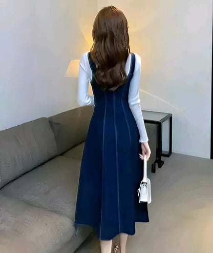 Long Belt Dark Blue Denim Dress