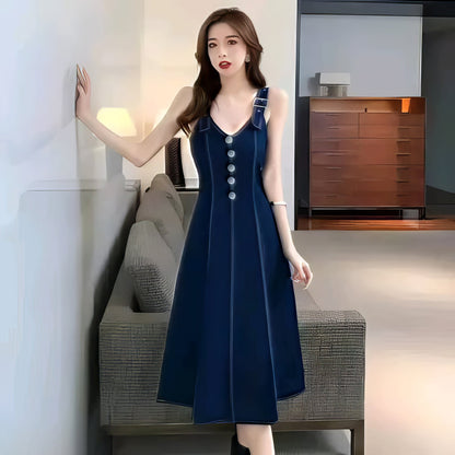 Long Belt Dark Blue Denim Dress