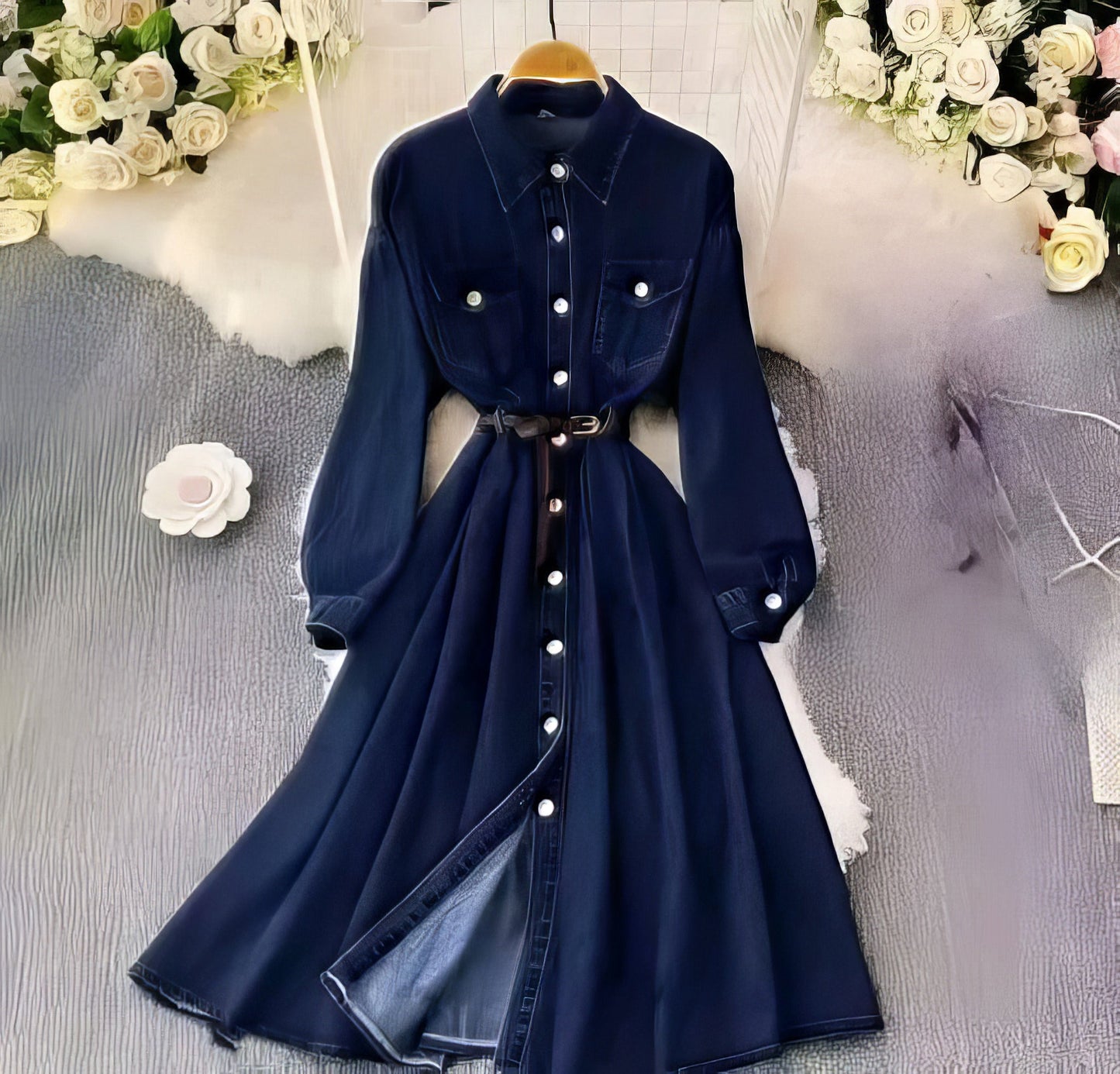Long Belt Dark Blue Denim Dress