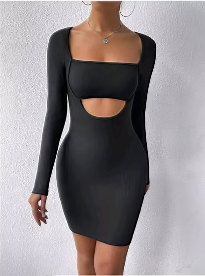 Front Cutout Square Neck Black Bodycon