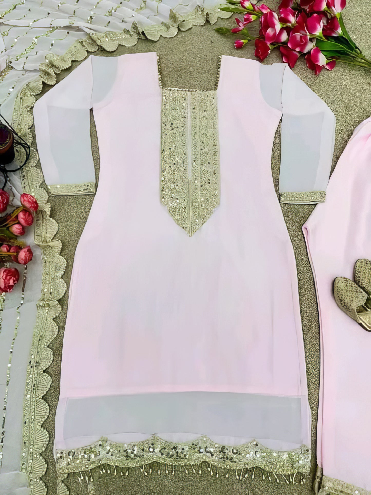 Pink Embroidered Top Bottom & Dupatta