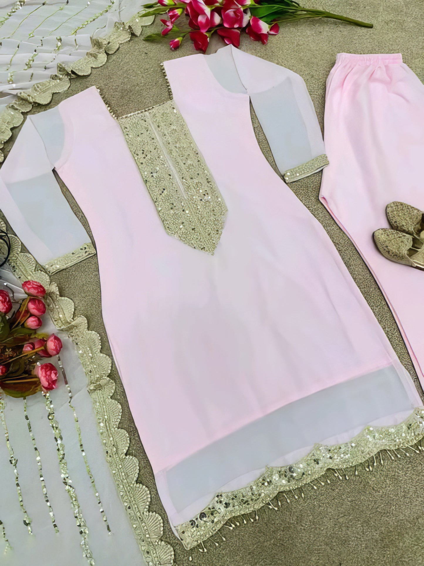 Pink Embroidered Top Bottom & Dupatta