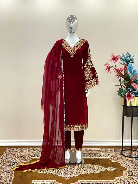 Velvet Suit Set With Embroidery Work