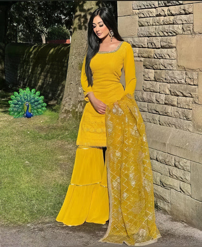 Designer Faux Georgette Heavy Top Plazzo with Dupatta
