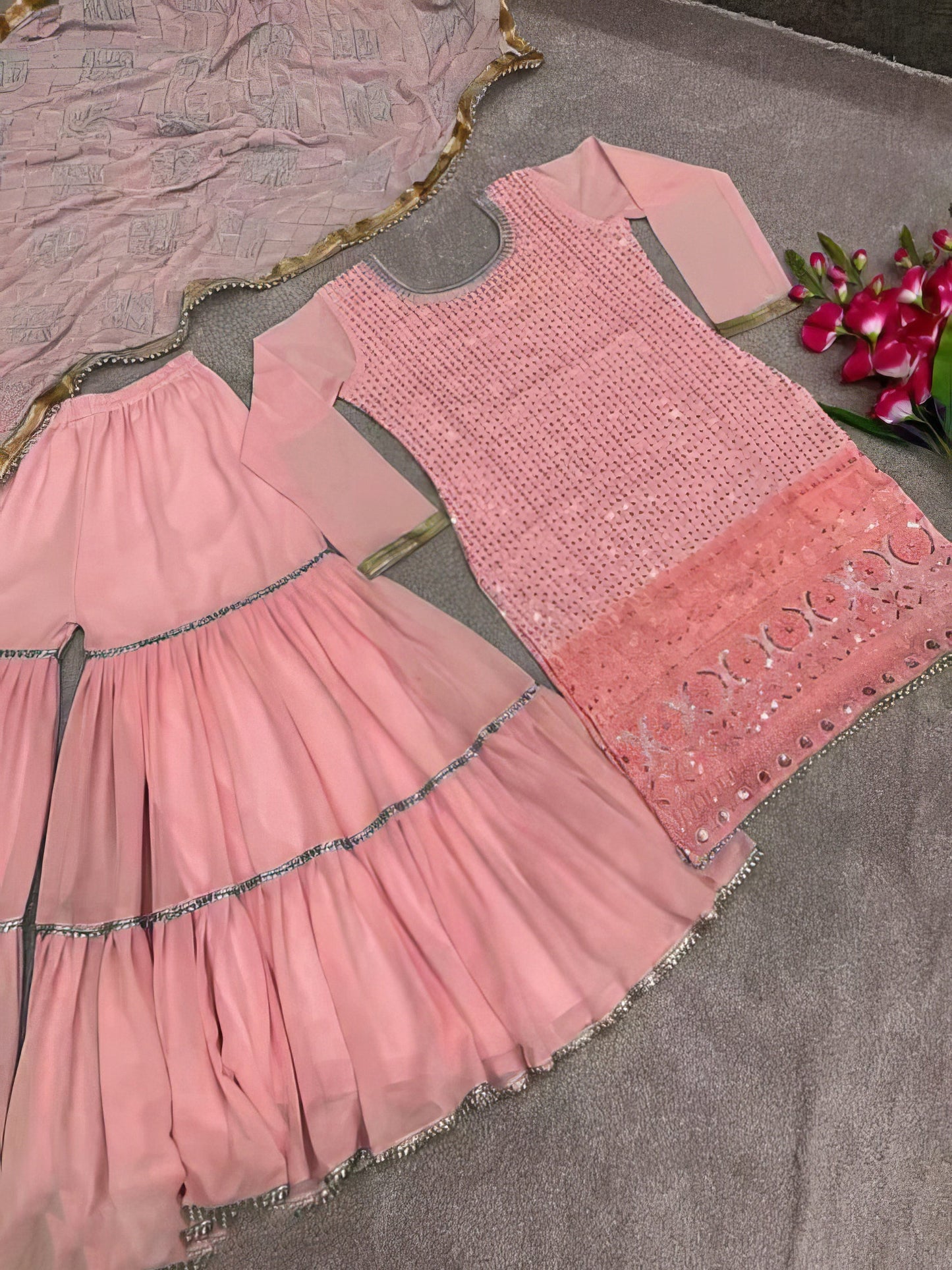 Designer Faux Georgette Heavy Top Plazzo with Dupatta