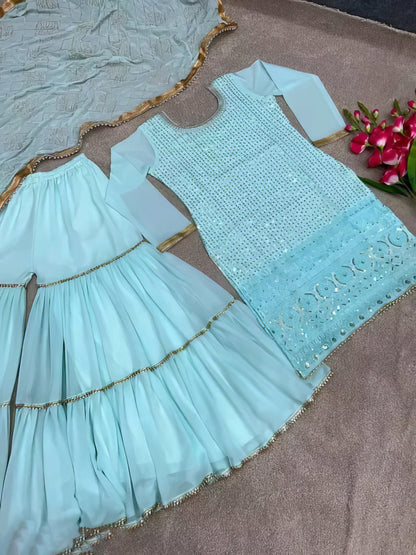 Designer Faux Georgette Heavy Top Plazzo with Dupatta