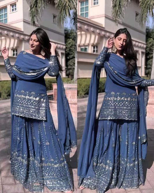 Embroidered Kurta Sharara Set